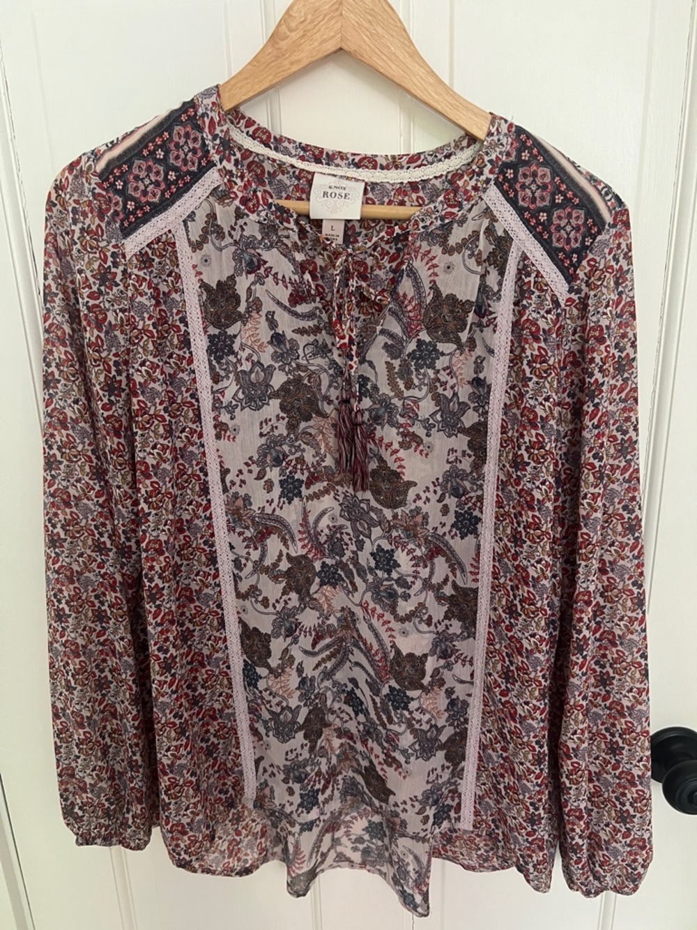 Knox Rose Floral Mixed-Print Long Sleeve Blouse in Mauve and Navy